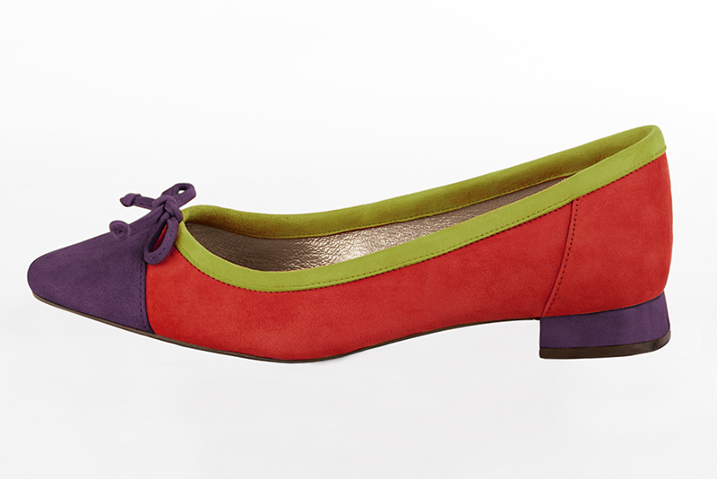 Amethyst purple, scarlet red and pistachio green women's ballet pumps, with low heels. Square toe. Flat flare heels. Profile view - Florence KOOIJMAN